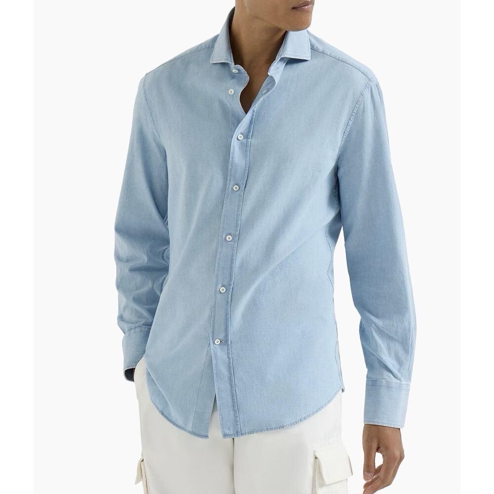 Brunello Cucinelli Mens M Denim Effect Chambray Slim Fit Shirt Spread Collar EUC